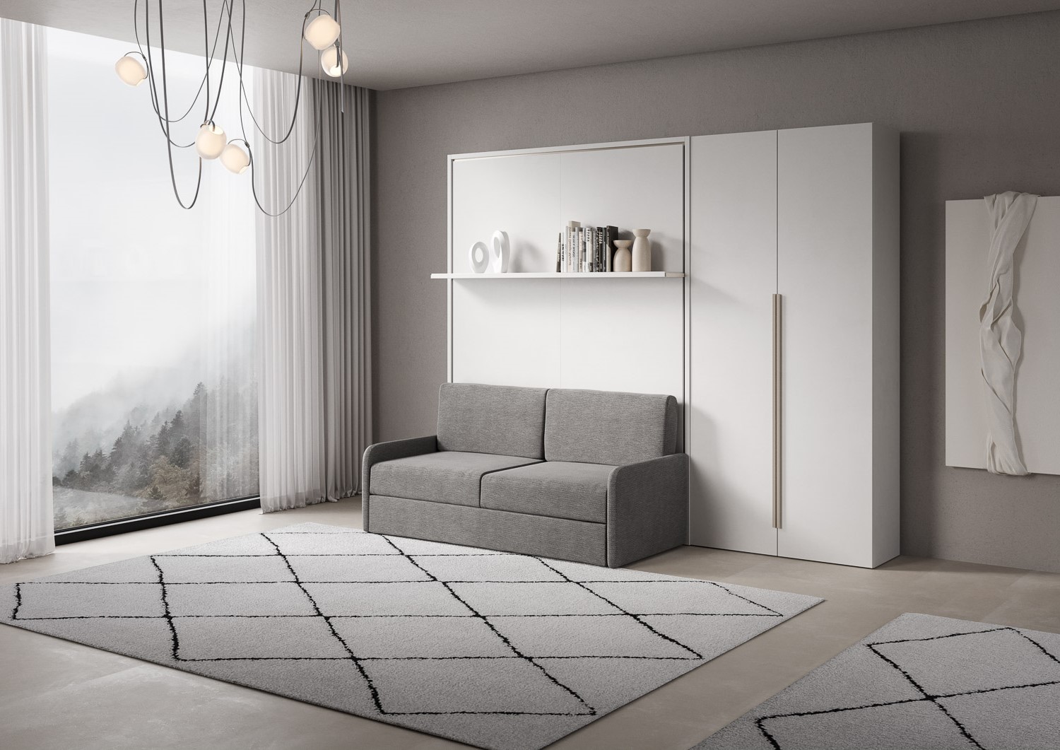 Letto matrimoniale francese a scomparsa 140 Versia con divano, mensola e armadio dx 2 ante bianco L.255,2 P.123 H.218,3 cm (aperto P.224 cm) 1 Letto matrimoniale a scomparsa 160 Versia con divano, mensola e armadio dx 2 ante bianco