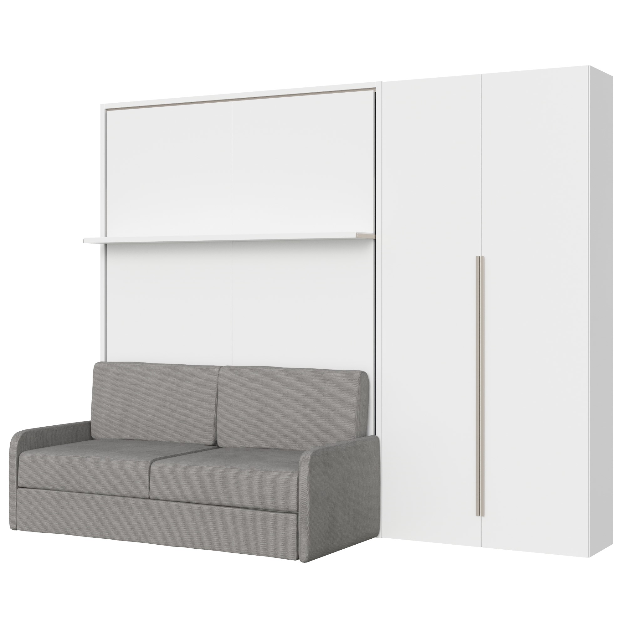 Letto matrimoniale francese a scomparsa 140 Versia con divano, mensola e armadio dx 2 ante bianco L.255,2 P.123 H.218,3 cm (aperto P.224 cm) 6 Letto matrimoniale a scomparsa 160 Versia con divano, mensola e armadio dx 2 ante bianco