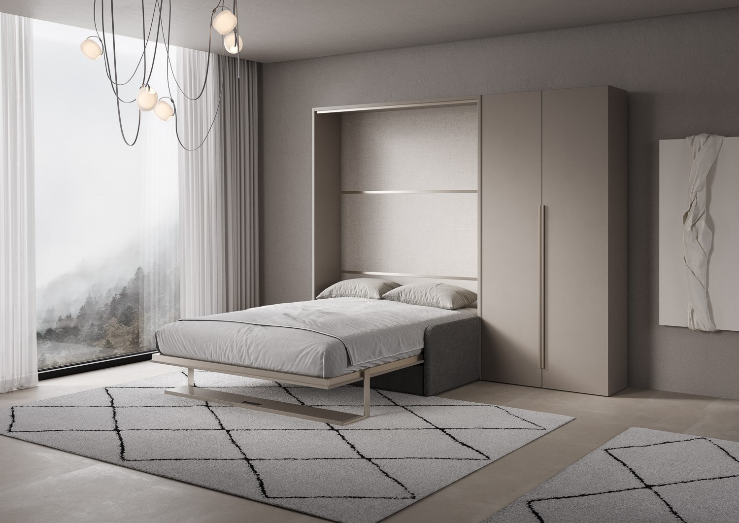 Letto matrimoniale francese a scomparsa 140 Versia con divano, mensola e armadio dx 2 ante argilla L.255,2 P.123 H.218,3 cm (aperto P.224 cm) 2 Letto matrimoniale a scomparsa 160 Versia con divano, mensola e armadio dx 2 ante argilla