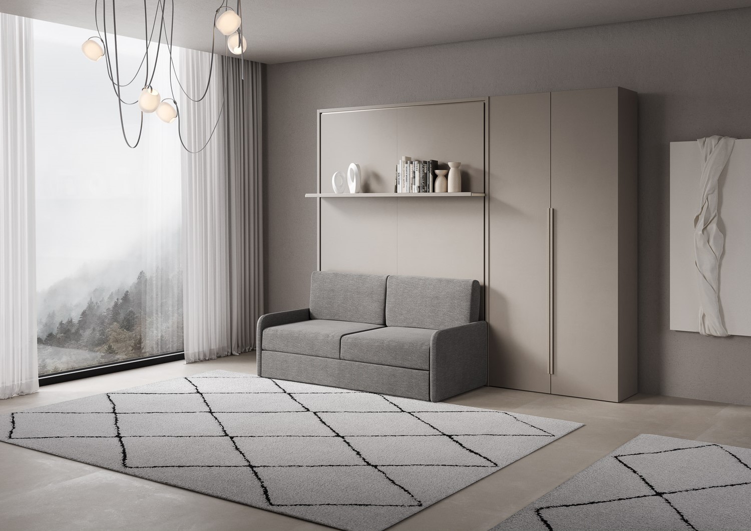 Letto matrimoniale francese a scomparsa 140 Versia con divano, mensola e armadio dx 2 ante argilla L.255,2 P.123 H.218,3 cm (aperto P.224 cm) 1 Letto matrimoniale a scomparsa 160 Versia con divano, mensola e armadio dx 2 ante argilla