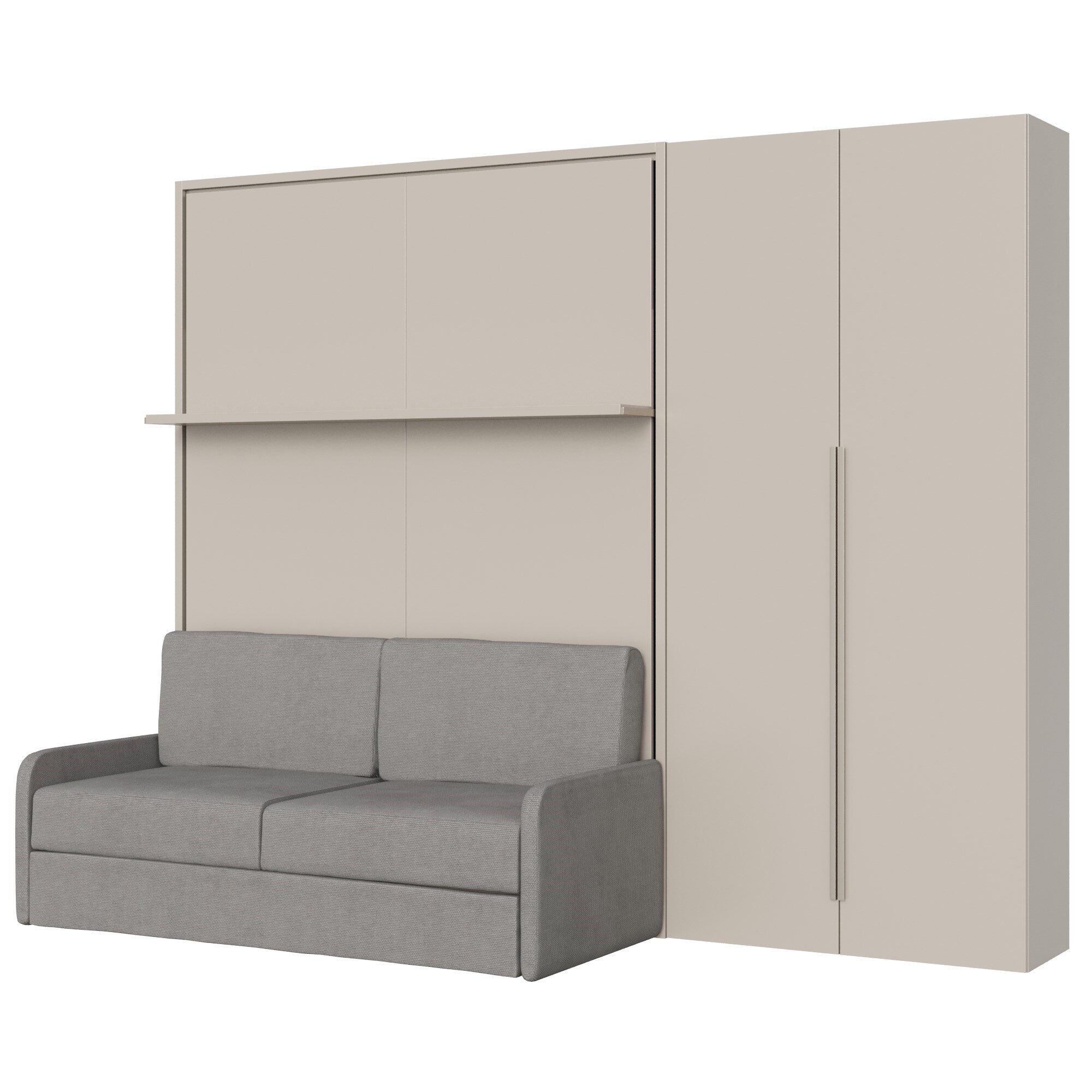 Letto matrimoniale francese a scomparsa 140 Versia con divano, mensola e armadio dx 2 ante argilla L.255,2 P.123 H.218,3 cm (aperto P.224 cm) 6 Letto matrimoniale a scomparsa 160 Versia con divano, mensola e armadio dx 2 ante argilla