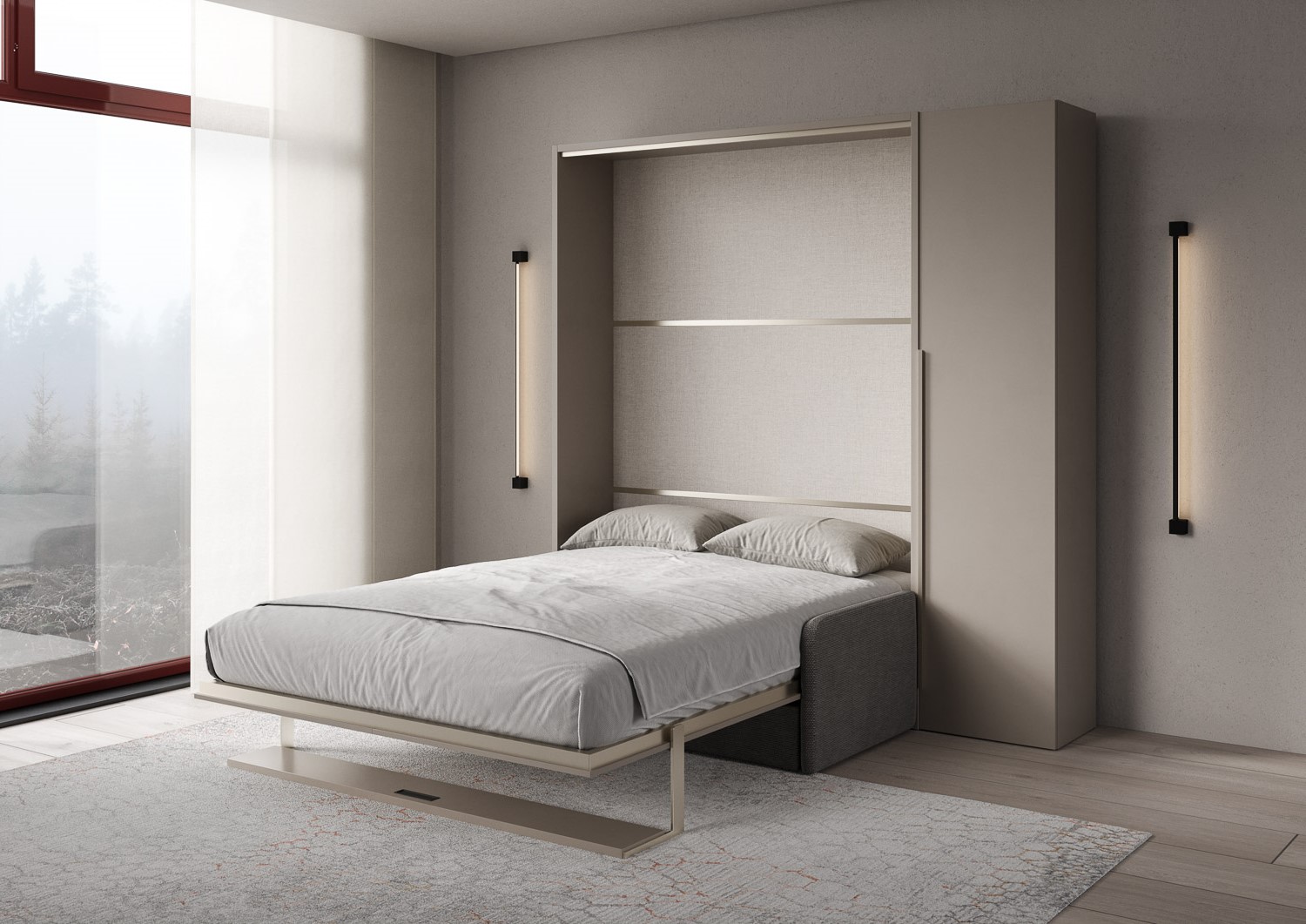 Letto matrimoniale francese a scomparsa 140 Versia con divano, mensola e armadio 1 anta dx argilla L.205,2 P.123 H.218,3 cm (aperto P.224 cm) 2 Letto matrimoniale a scomparsa 160 Versia con divano, mensola e armadio 1 anta dx argilla