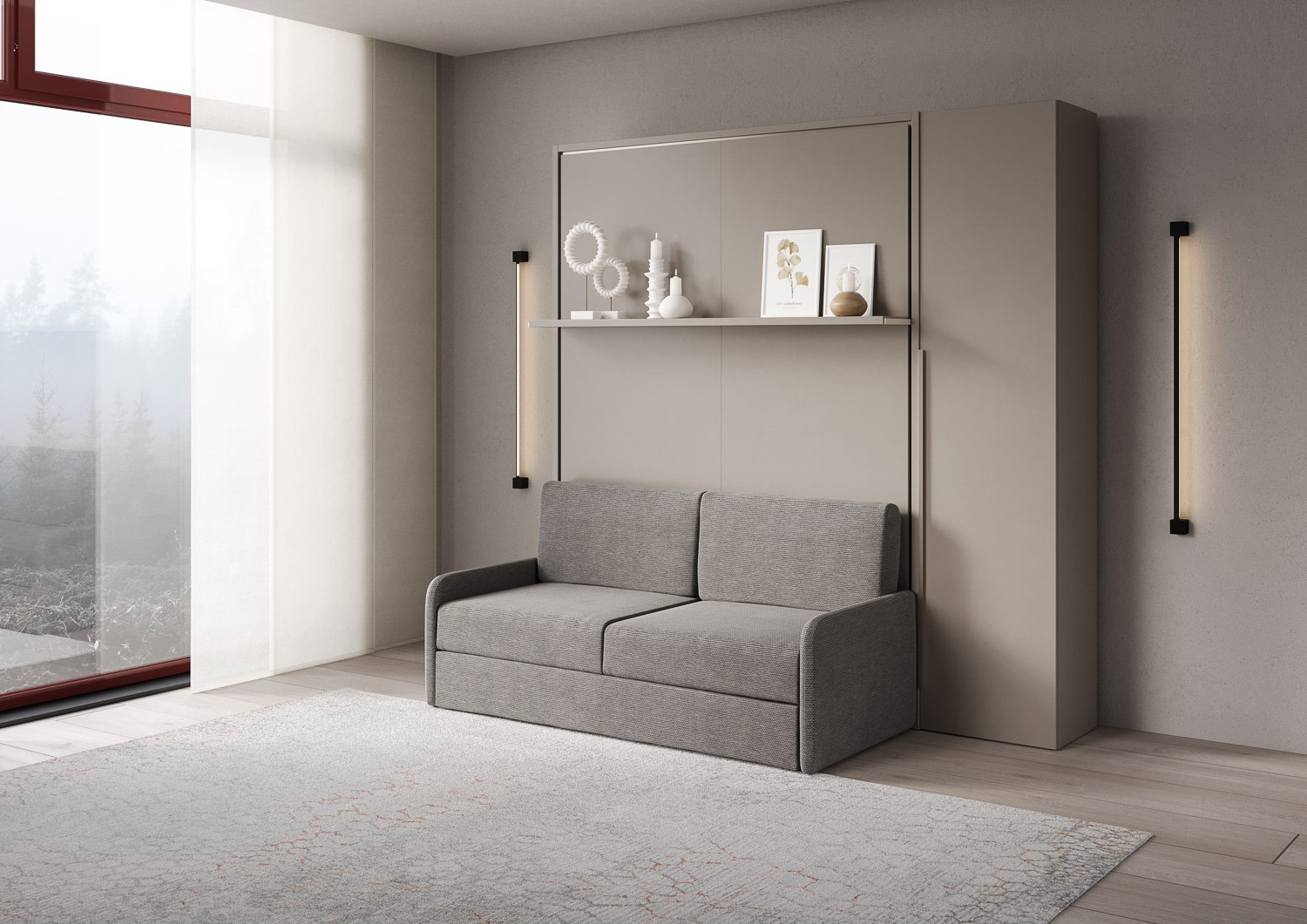 Letto matrimoniale francese a scomparsa 140 Versia con divano, mensola e armadio 1 anta dx argilla L.205,2 P.123 H.218,3 cm (aperto P.224 cm) 1 Letto matrimoniale a scomparsa 160 Versia con divano, mensola e armadio 1 anta dx argilla