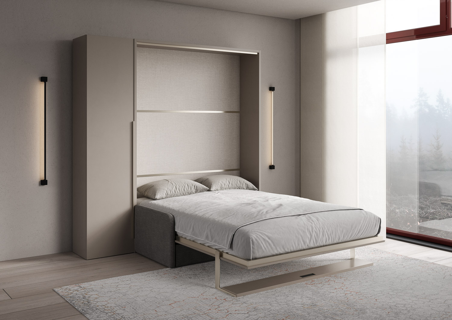 Letto matrimoniale francese a scomparsa 140 Versia con divano, mensola e armadio 1 anta sx argilla L.205,2 P.123 H.218,3 cm (aperto P.224 cm) 2 Letto matrimoniale a scomparsa 160 Versia con divano, mensola e armadio 1 anta sx argilla