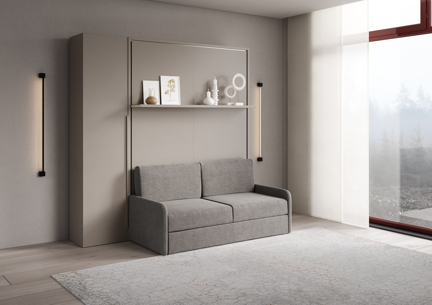 Letto matrimoniale francese a scomparsa 140 Versia con divano, mensola e armadio 1 anta sx argilla L.205,2 P.123 H.218,3 cm (aperto P.224 cm) 1 Letto matrimoniale a scomparsa 160 Versia con divano, mensola e armadio 1 anta sx argilla