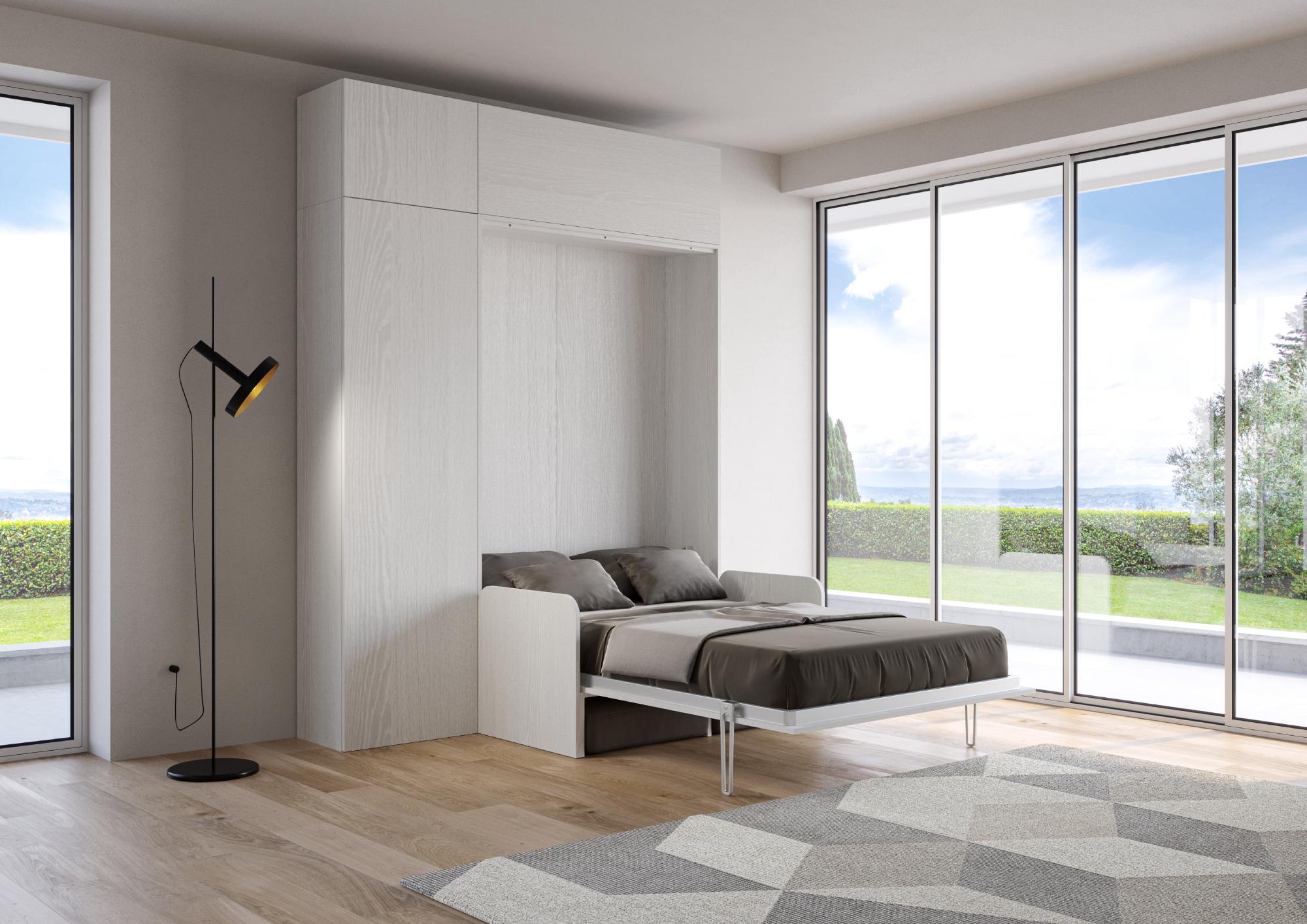 Letto matrimoniale francese a scomparsa 140 Kentaro con divano e mobili bianco frassino, grigio L.213,6 P.105,2 H.250,5 cm (aperto P.215 cm) 2 Letto matrimoniale francese a scomparsa 140 Kentaro con divano e mobili bianco frassino, grigio