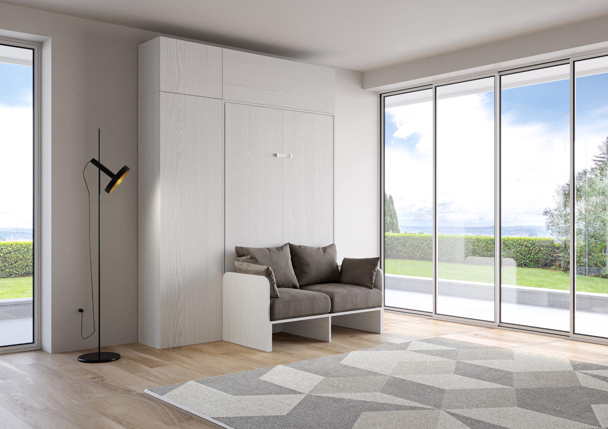 Letto matrimoniale francese a scomparsa 140 Kentaro con divano e mobili bianco frassino, grigio L.213,6 P.105,2 H.250,5 cm (aperto P.215 cm) 1 Letto matrimoniale francese a scomparsa 140 Kentaro con divano e mobili bianco frassino, grigio