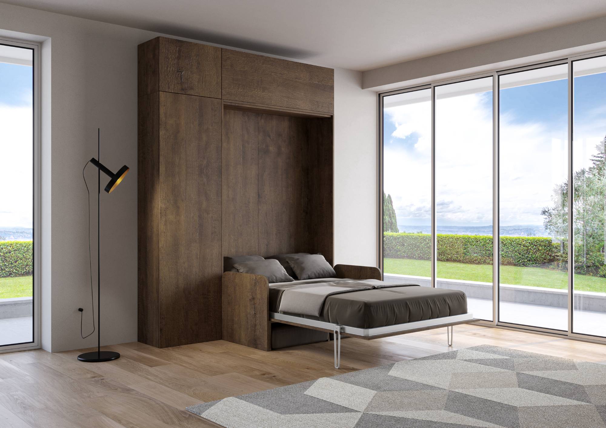 Letto matrimoniale francese a scomparsa 140 Kentaro con divano e mobili noce, grigio L.213,6 P.105,2 H.250,5 cm (aperto P.215 cm) 2 Letto matrimoniale francese a scomparsa 140 Kentaro con divano e mobili noce, grigio