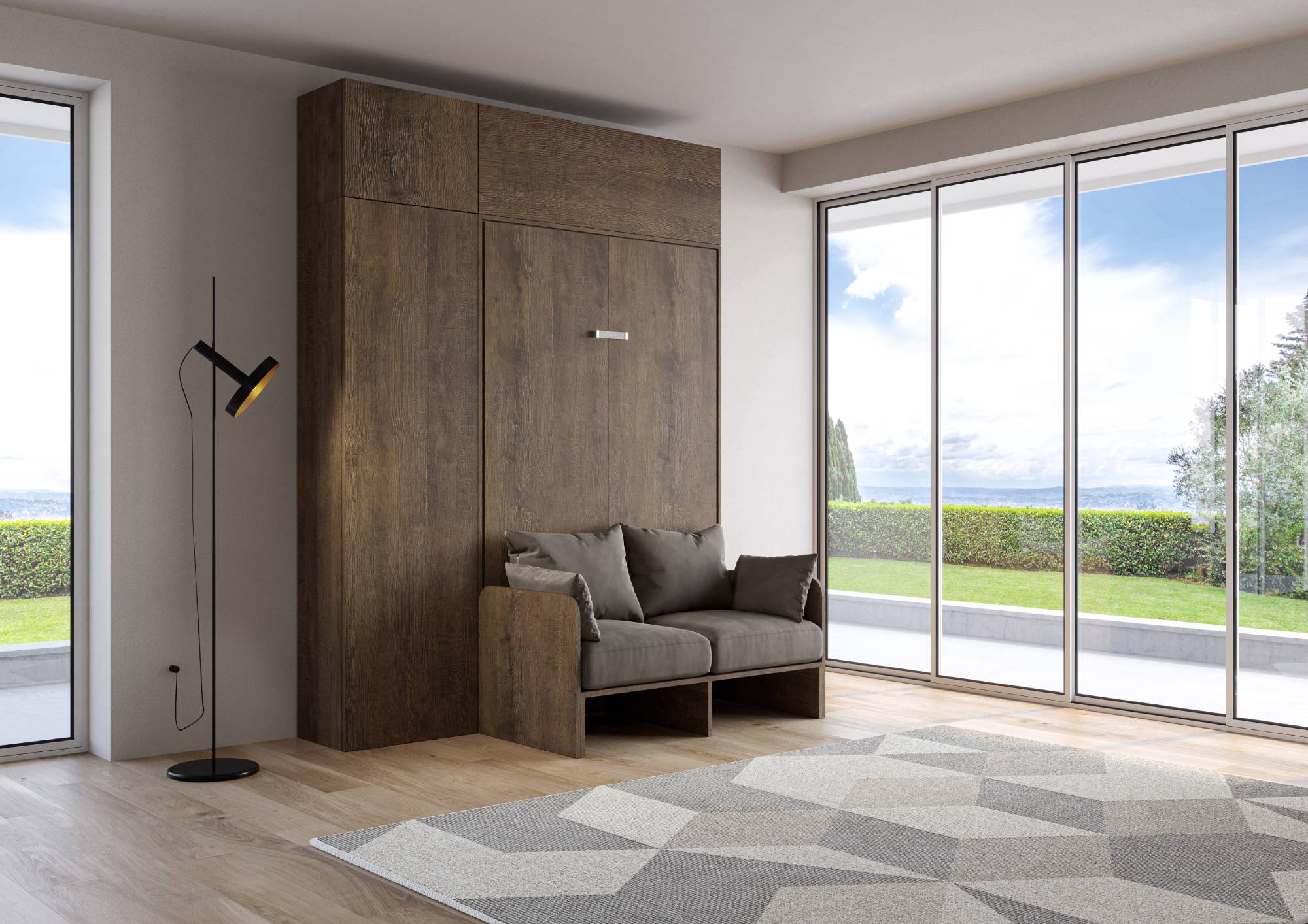 Letto matrimoniale francese a scomparsa 140 Kentaro con divano e mobili noce, grigio L.213,6 P.105,2 H.250,5 cm (aperto P.215 cm) 1 Letto matrimoniale francese a scomparsa 140 Kentaro con divano e mobili noce, grigio