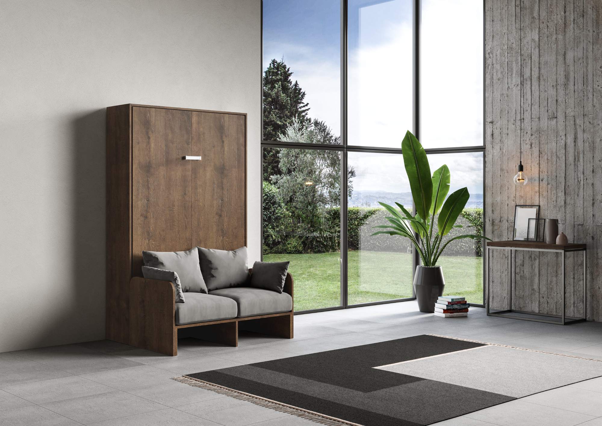 Letto matrimoniale francese a scomparsa 140 Kentaro con divano noce, grigio L.153,6 P.105,2 H.210,5 cm (aperto P.215 cm) 1 Letto matrimoniale francese a scomparsa 140 Kentaro con divano noce, grigio