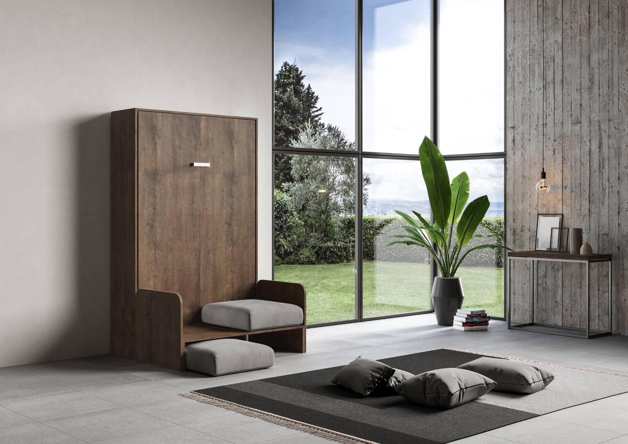 Letto matrimoniale francese a scomparsa 140 Kentaro con divano noce, grigio L.153,6 P.105,2 H.210,5 cm (aperto P.215 cm) 2 Letto matrimoniale francese a scomparsa 140 Kentaro con divano noce, grigio