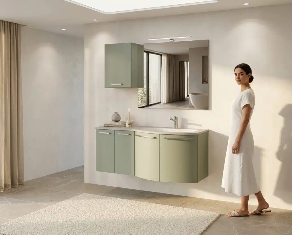 Mobile bagno curvo Arcom Pollock, laccato opaco Verde Salvia, con lavabo integrato