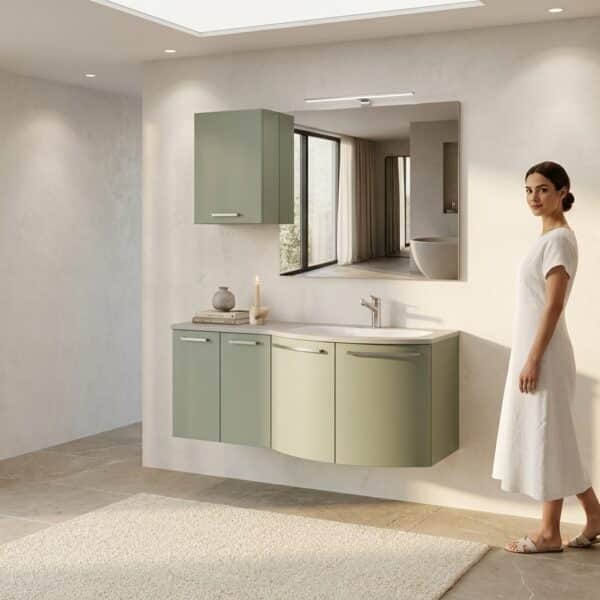 Mobile bagno curvo Arcom Pollock, laccato opaco Verde Salvia, con lavabo integrato