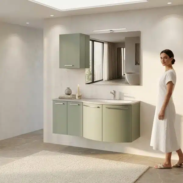 Mobile bagno curvo Arcom Pollock, laccato opaco Verde Salvia, con lavabo integrato