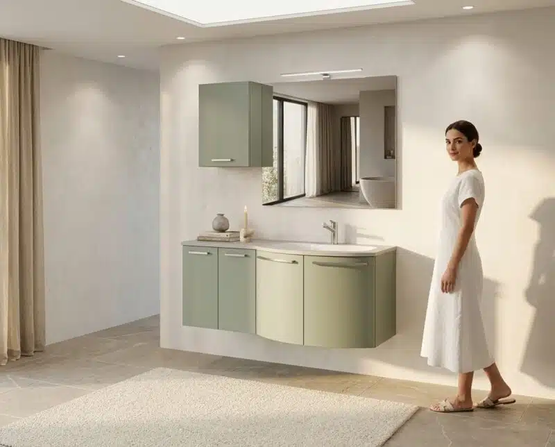 Mobile bagno curvo Arcom Pollock, laccato opaco Verde Salvia, con lavabo integrato