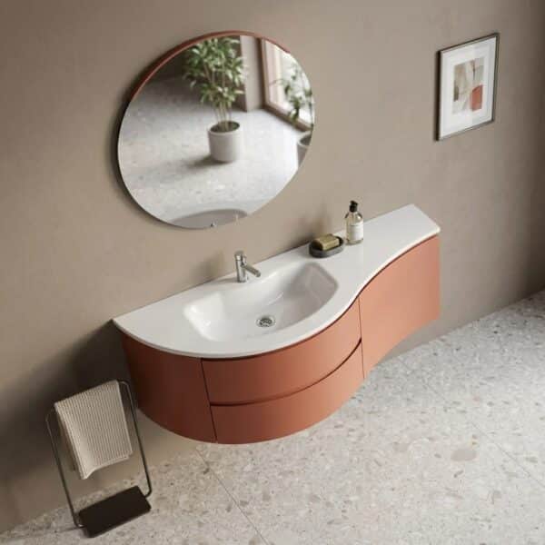 Mobile bagno curvo Arcom Soul, laccato opaco Corallo, apertura a Gola J, con lavabo integrato