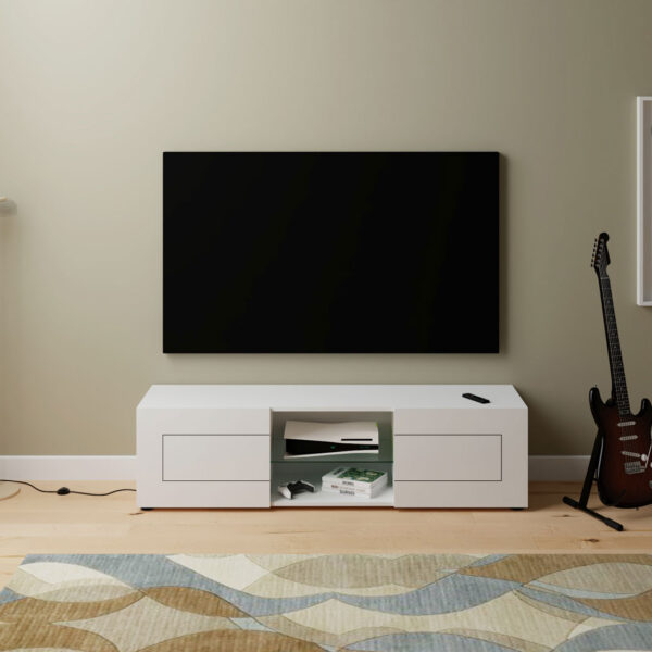 Porta TV moderno 2 ante con vano a giorno 150x40x40 cm Elios bianco lucido
