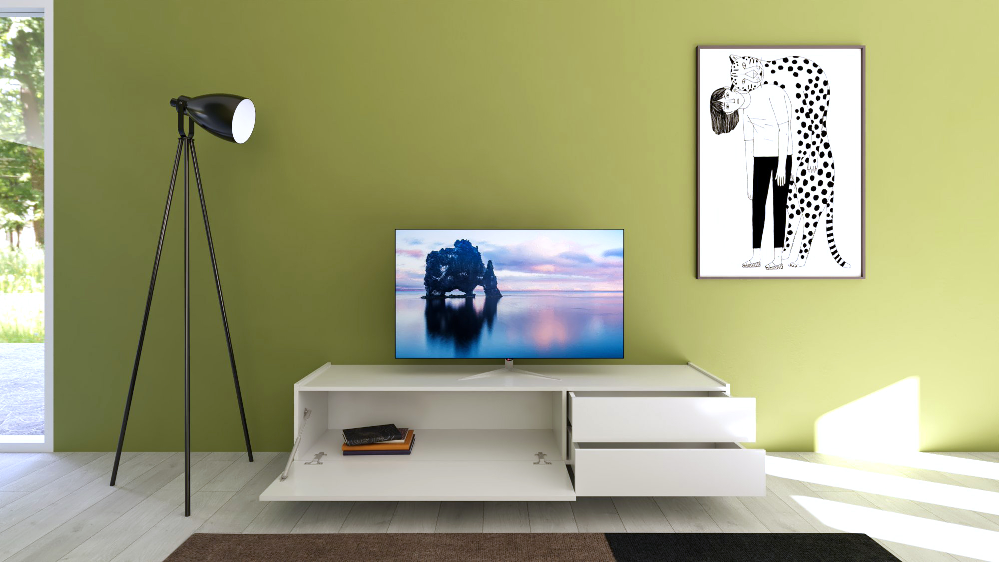 Porta TV moderno 1 ribalta/2 cassetti 160x42x40 cm Solaria bianco lucido 2 Porta TV moderno 1 ribalta/2 cassetti 160x42x40 cm Solaria bianco lucido
