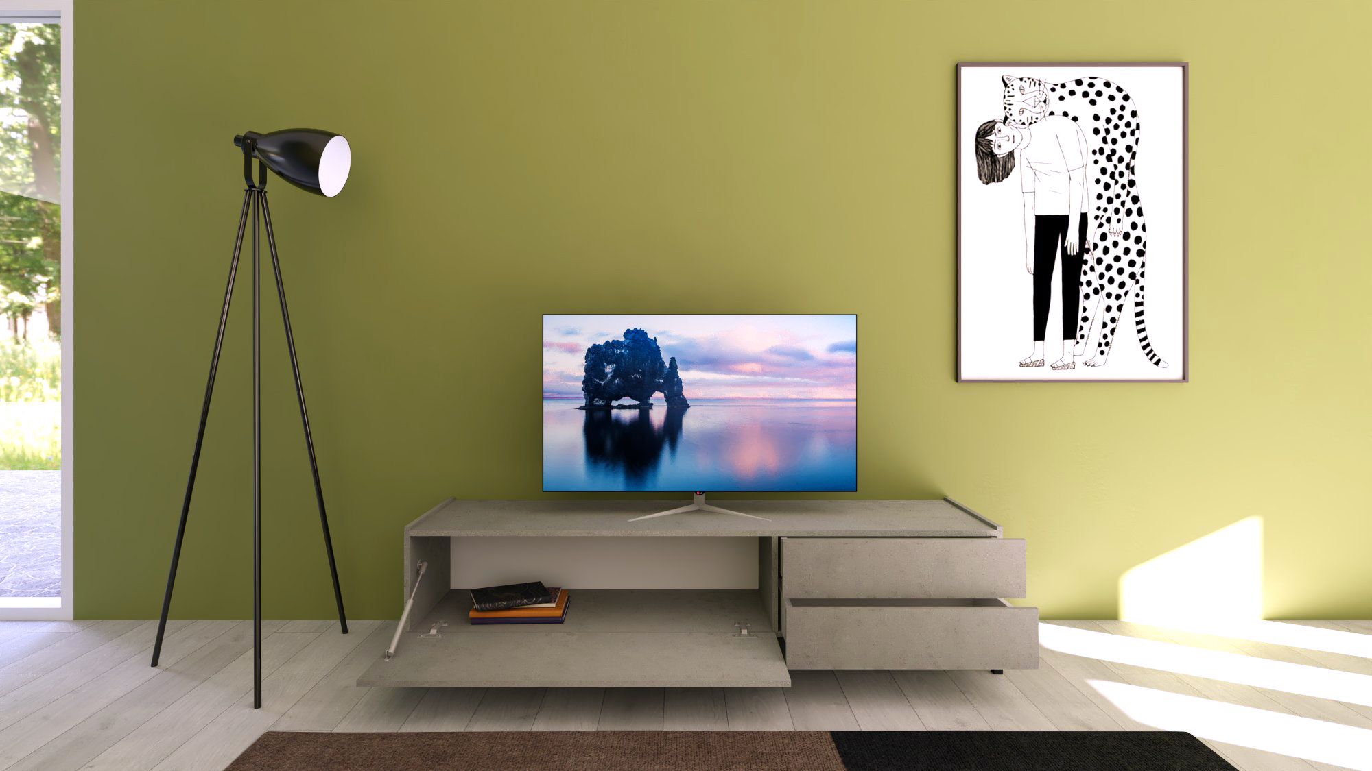 Porta TV moderno 1 ribalta/2 cassetti 160x42x40 cm Solaria cashmere 2 Porta TV moderno 1 ribalta/2 cassetti 160x42x40 cm Solaria cashmere