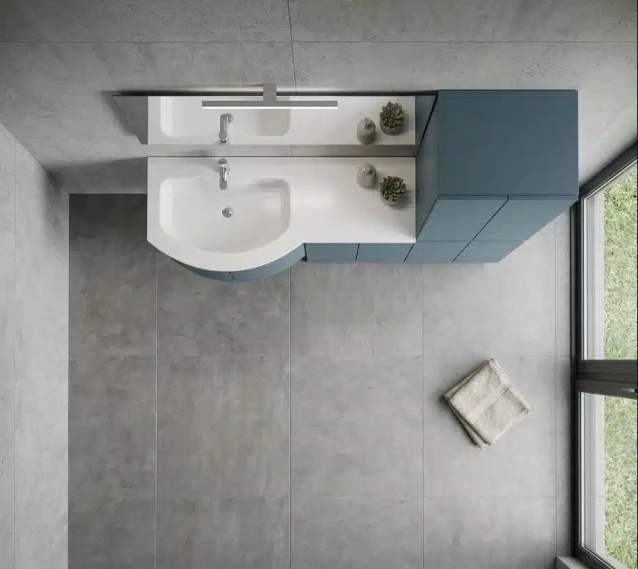 Vista dall'alto mobile bagno curvo Arcom Soul Ceruleo con colonna