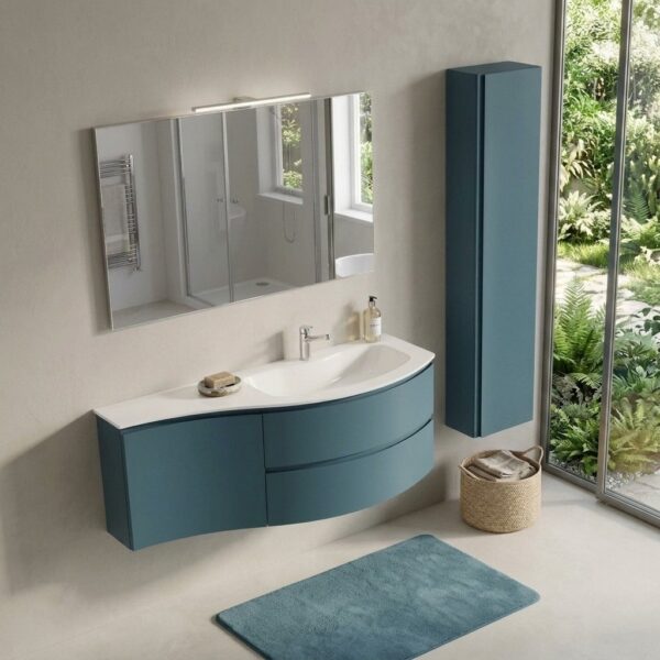 Mobile bagno curvo sospeso Arcom Soul laccato Ceruleo con colonna abbinata