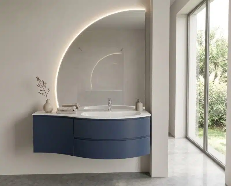 Dettaglio specchiera Luna LED mobile bagno curvo Arcom Soul Navy
