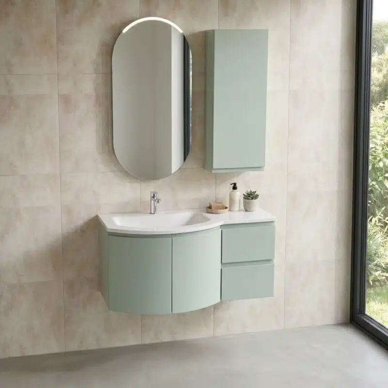 Dettaglio specchiera Race e faretto Bow mobile bagno curvo Arcom Soul The' Verde
