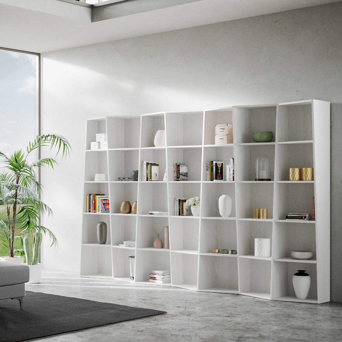 Libreria moderna Trek 7 elementi bianco frassino L.317 P.35 H.200 cm 1 Libreria moderna Trek 7 elementi bianco frassino