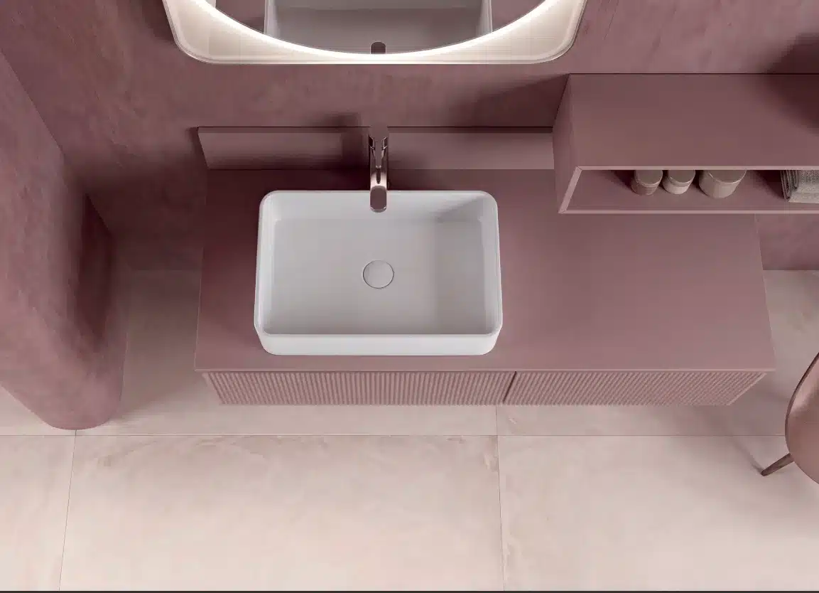 Composizione Bagno Cannettata 170 cm Compab Serie X 3 Dettaglio del lavabo Aprilia da appoggio sul top con alzatina della Serie X Compab