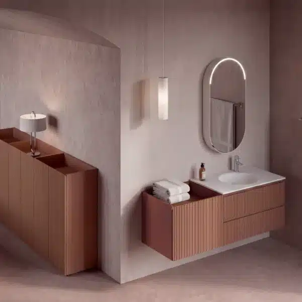 Composizione bagno cannettata 145 cm Serie X Compab con colonne a terra e specchiera ovale