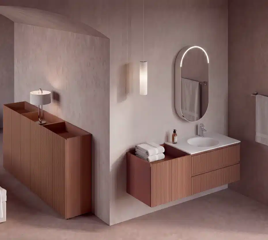 Composizione Bagno Cannettata 145 cm Compab Serie X 1 Composizione bagno cannettata 145 cm Serie X Compab con colonne a terra e specchiera ovale