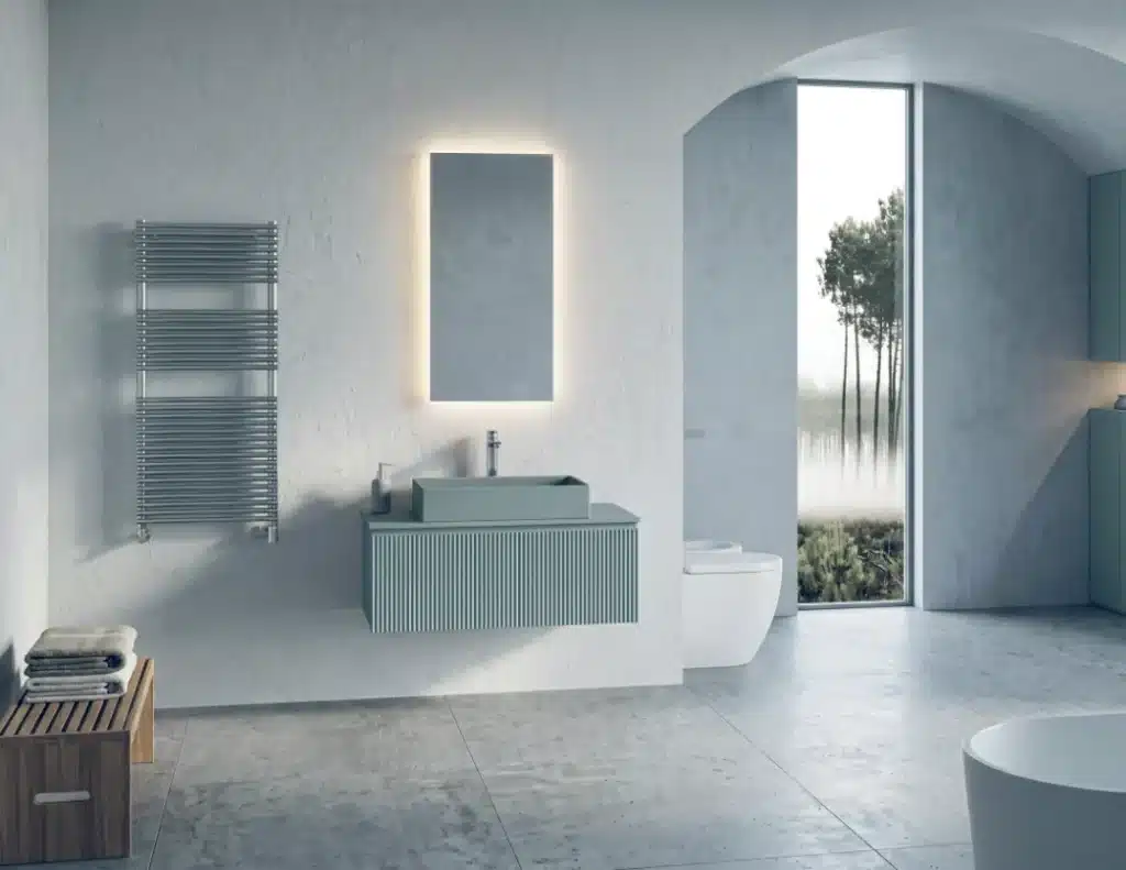 Composizione bagno Serie X Compab 95 cm in ambiente luminoso con specchio Digit retroilluminato