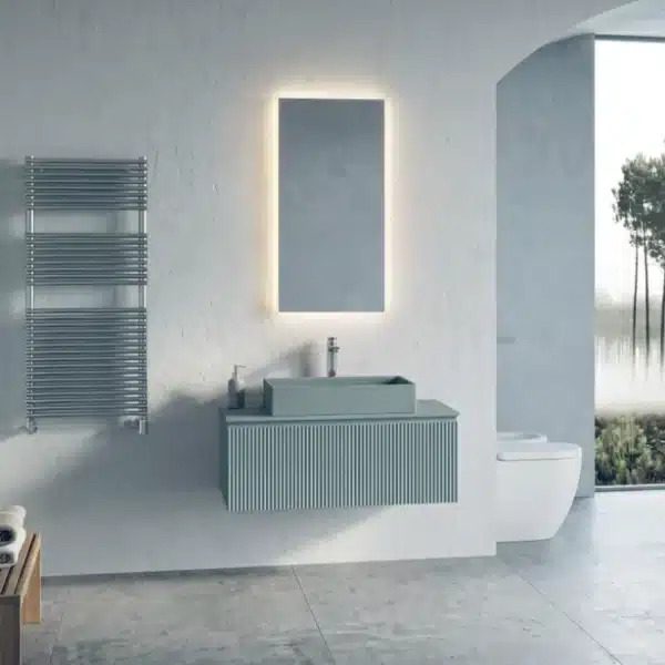 Composizione bagno cannettata 95 cm Serie X Compab con lavabo Pack in gres e specchio LED