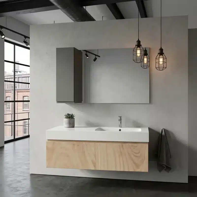Mobile bagno 120 cm sospeso con base effetto legno Almond, pensile e specchio Compab B Go
