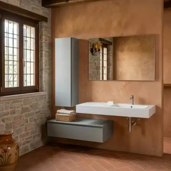 Mobile bagno 190 cm sospeso finitura Gesso con lavabo, colonna e specchio Compab B Go