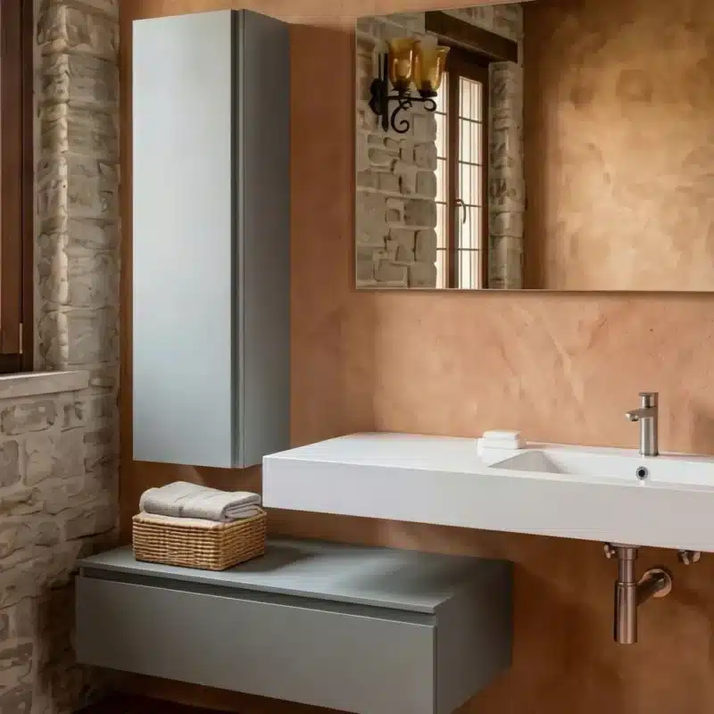 Dettaglio del lavabo in Mineralguss e del piano d appoggio del mobile bagno 190 cm Compab B Go
