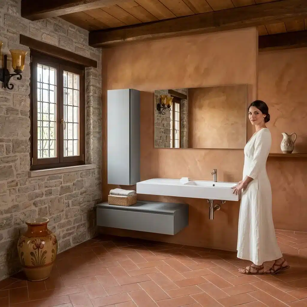 Mobile Bagno 190 cm Sospeso con Colonna e Specchio Compab B Go 3 Mobile bagno 190 cm Compab B Go in ambiente rustico con pareti in pietra