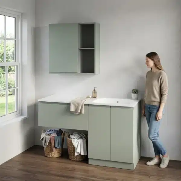 Mobile lavanderia 131 cm verde Brina con lavatoio, cassettone sospeso e pensile Compab Lab+ LBO80