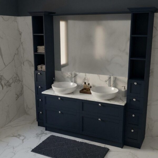 Composizione bagno Diamante Compab su misura laccato Blueberry opaco con top in marmo Bianco Carrara e doppio lavabo tondo