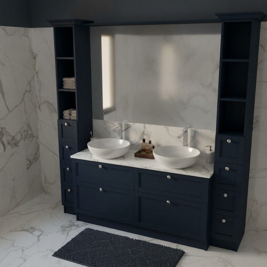 Composizione Bagno Diamante Compab Personalizzata Doppio Lavabo 1 Composizione bagno Diamante Compab su misura laccato Blueberry opaco con top in marmo Bianco Carrara e doppio lavabo tondo