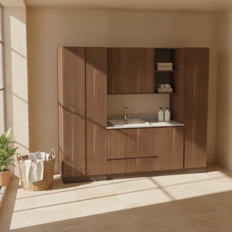 Lavanderia 250 cm Compab Hazelnut con colonna lavatrice, lavatoio e colonna scope