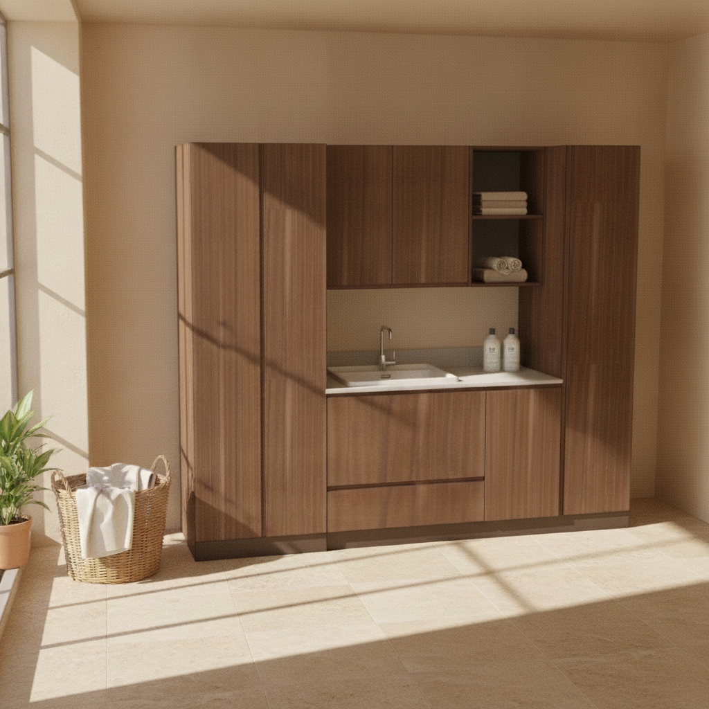 Lavanderia 250 cm Compab Hazelnut con colonna lavatrice, lavatoio e colonna scope