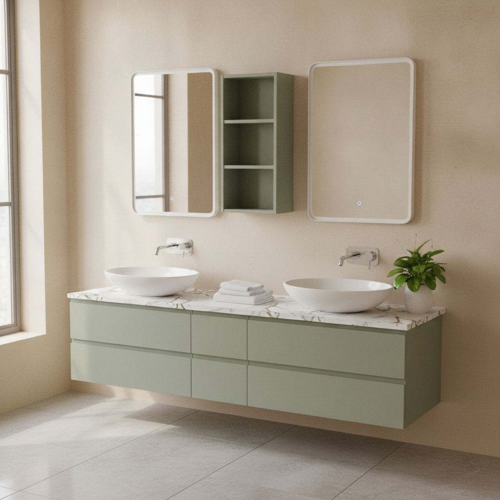 Mobile bagno sospeso doppio lavabo 206 cm Compab B-Go Salvia con top in gres Calacatta e lavabi d'appoggio ovali