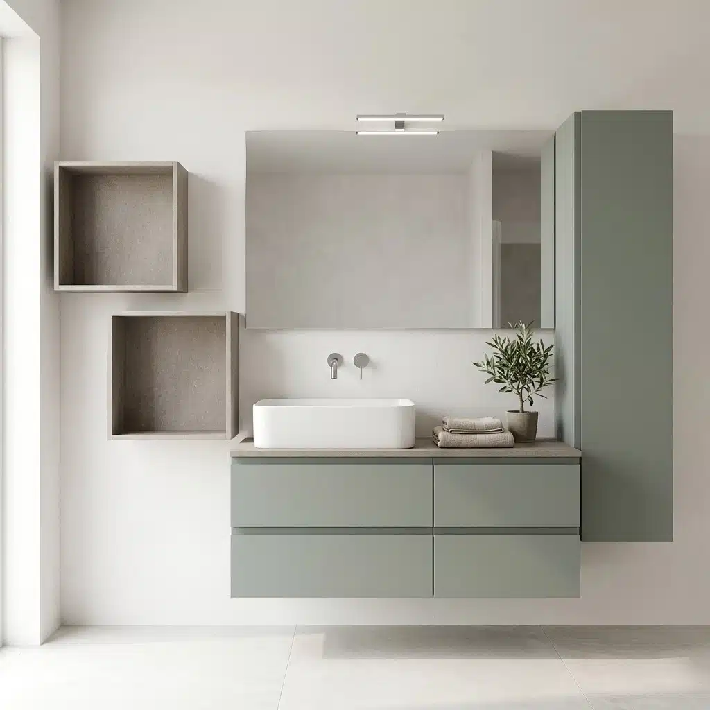 Mobile bagno sospeso 121 cm Compab B-Go con colonna, due cubotti a giorno, lavabo d'appoggio e specchio Wap con faretto LED, vista frontale