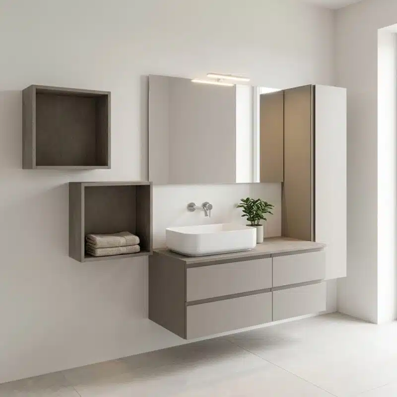 Mobile bagno sospeso 121 cm con colonna Compab B-Go, variante grigio tortora, vista di tre quarti