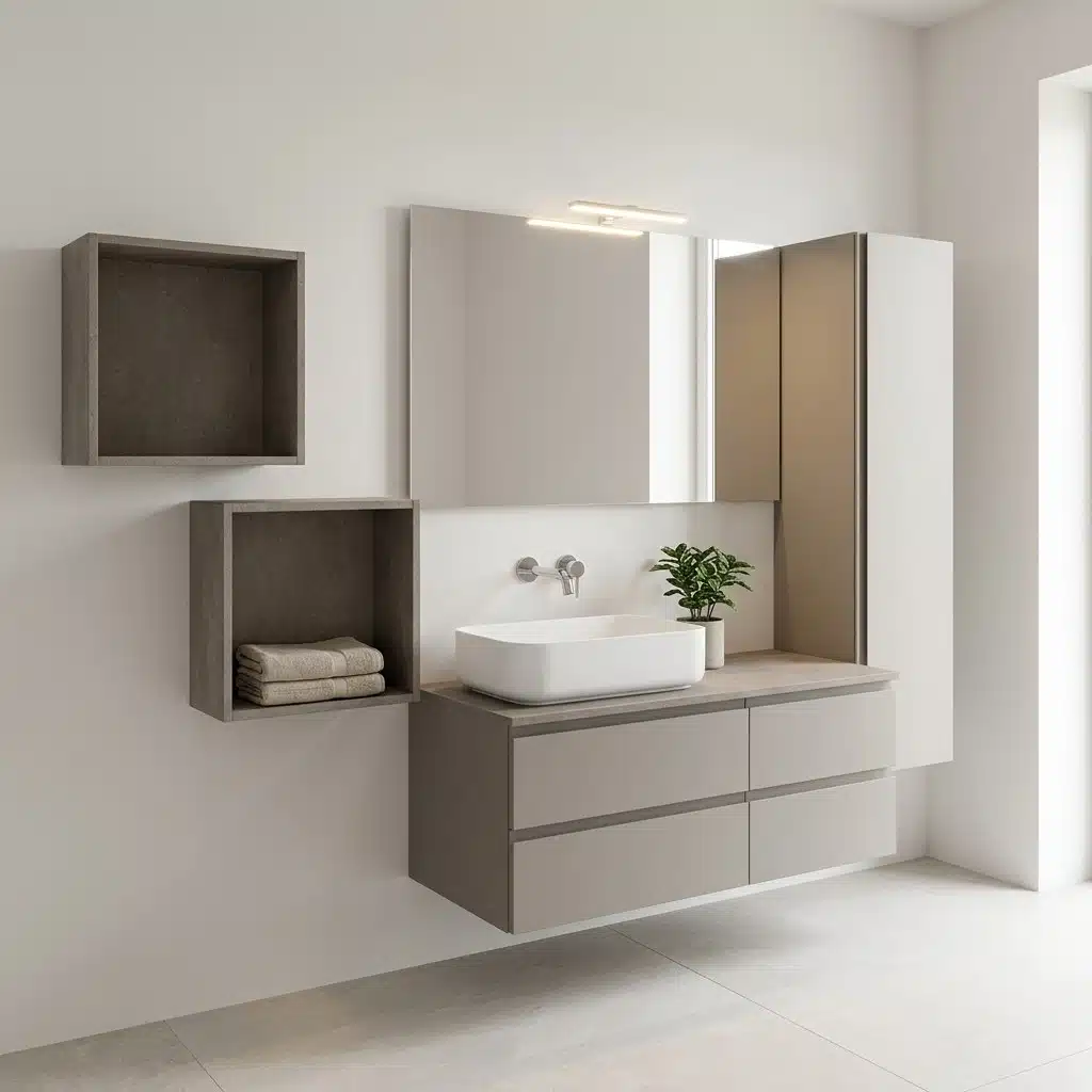 Mobile bagno sospeso 121 cm con colonna Compab B-Go, variante grigio tortora, vista di tre quarti