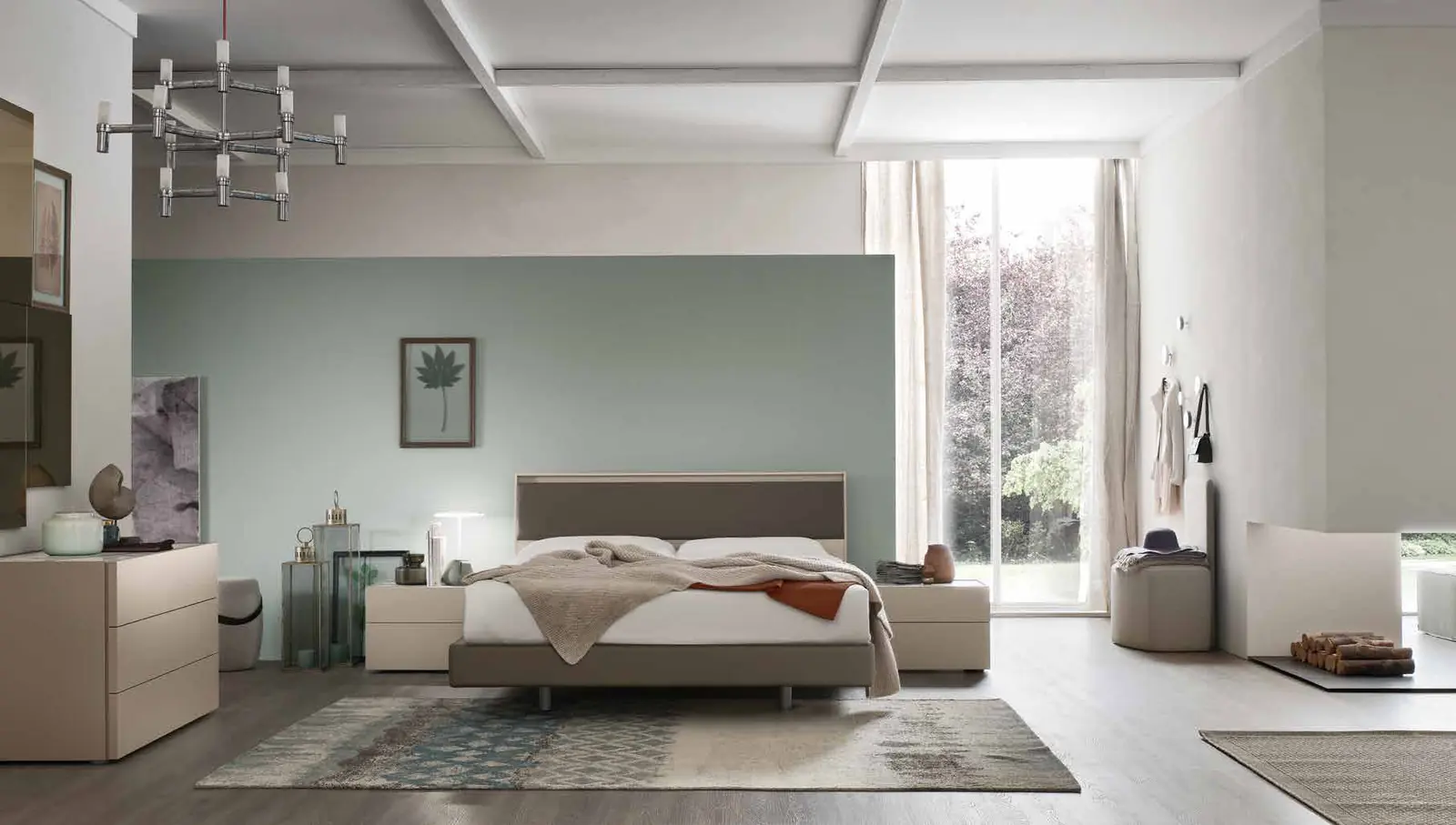 Foto del catalogo Maronese: letto Aida in laccato opaco Sabbia con testiera in ecopelle Tortora, gruppo Eden in laccato opaco Sabbia. Il piano in marmo Calacatta che si vede sul comò non è compreso: scrivici se lo desideri.