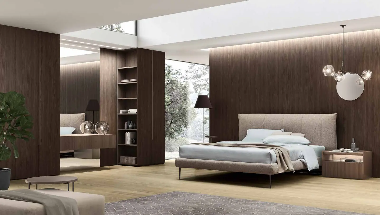 Foto del catalogo Maronese: letto Alby in tessuto Ripley 10 con piedini in Manganese, gruppo Light con frontale millerighe laccato opaco Bronzo.