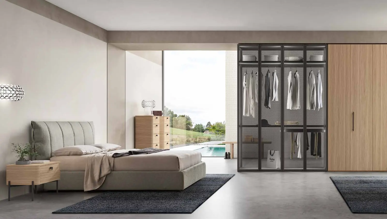 Foto del catalogo Maronese: letto Alby in tessuto Elettra 11, gruppo Mono in Rovere Nordico. L'armadio che si vede nella foto non è compreso: per questa camera proponiamo l'armadio Facile, qui sotto. Il basamento con gambe del gruppo Mono è un accessorio a richiesta e non è compreso: scrivici per il prezzo.