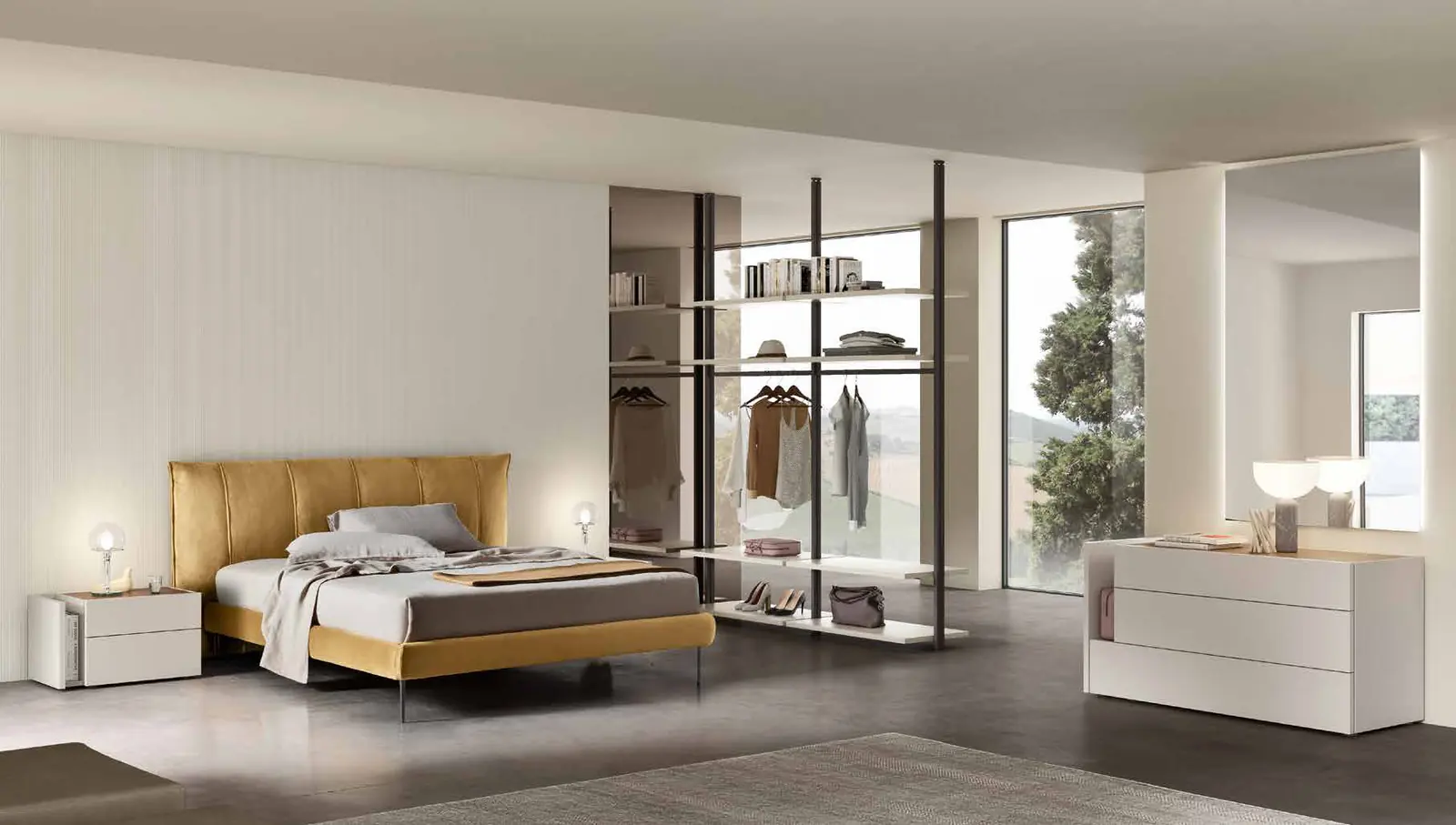Foto del catalogo Maronese: letto Alby in tessuto Amsterdam 105 con piedini in Manganese, gruppo Oslo in melaminico Cashmere con top laccato opaco Cotto. L'armadio che si vede nella foto non è compreso: per questa camera proponiamo l'armadio Facile, qui sotto.